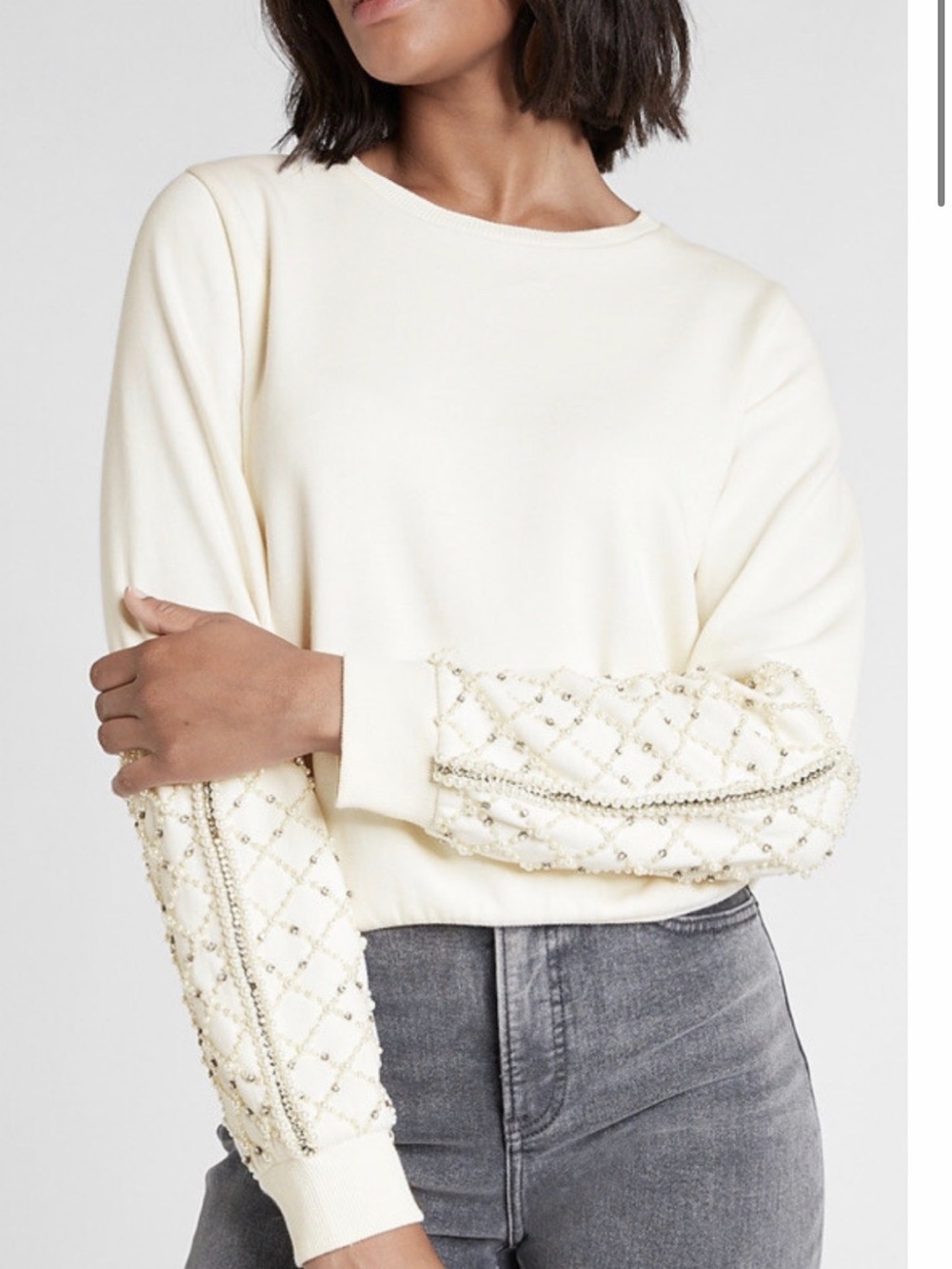 EXPRESS Cream Embellished Sleeve Sweatshirt